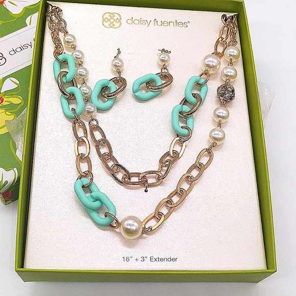 RARE DAISY FUENTES Glass Pearl Gold Blue Paperclip CZ Necklace and Earrings Set - Picture 1 of 2